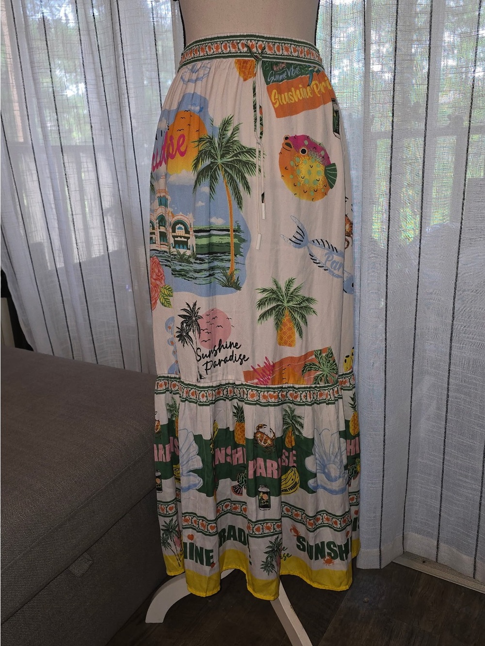 Rachel Zoe White Tropical Print Tiered Maxi Skirt with Multicolor Motifs
